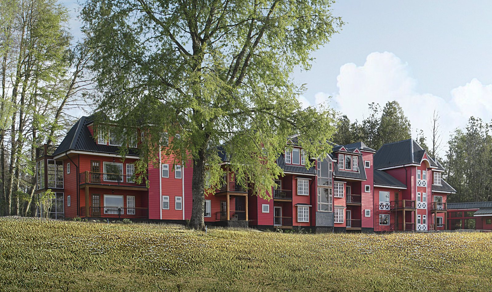 Los edificios de madera roja de Das Dorf entre los árboles